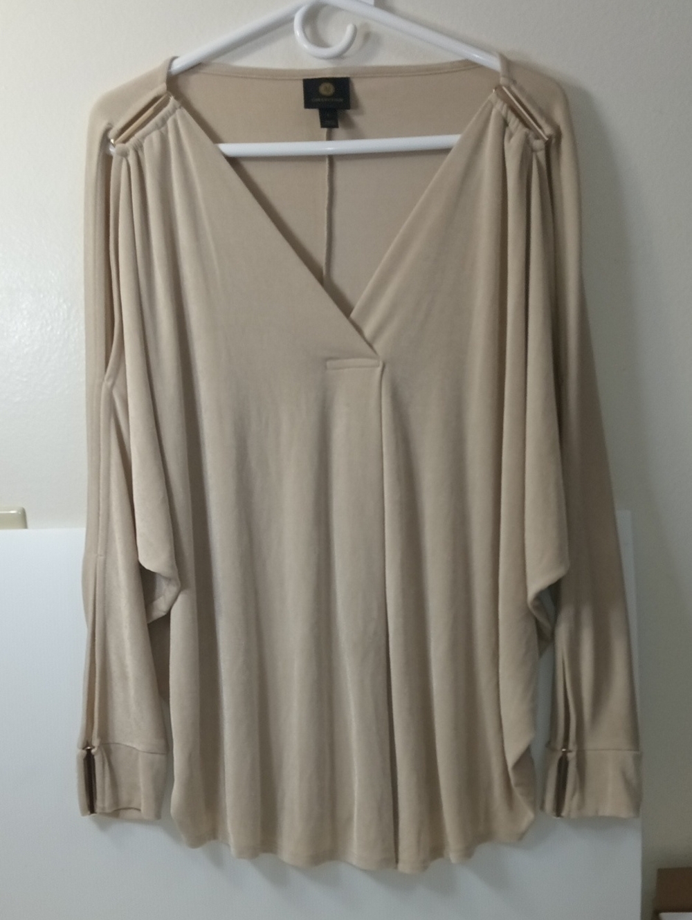JM Collection Beige V-Neck Draped Long-Sleeve Tunic